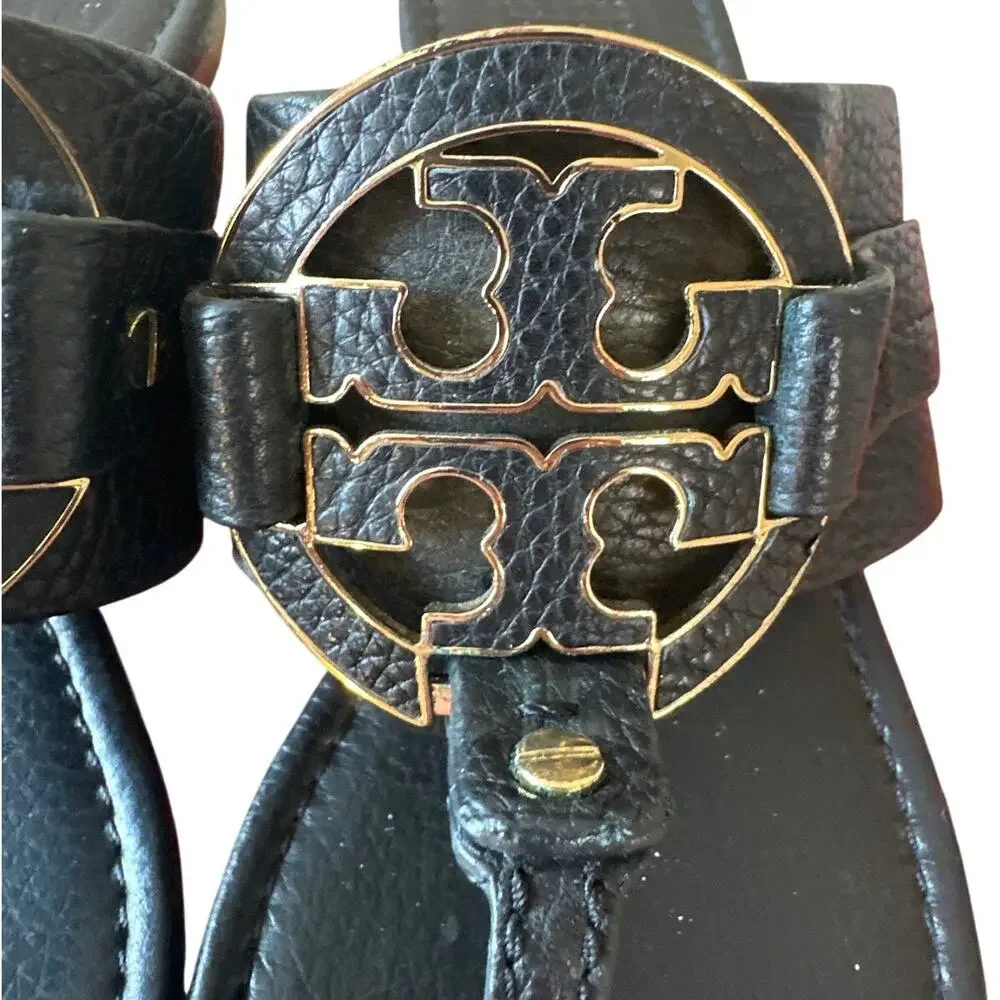 Tory Burch Amanda Thong Sandals Black Pebbled Leather 8.5 - Picture 9 of 11